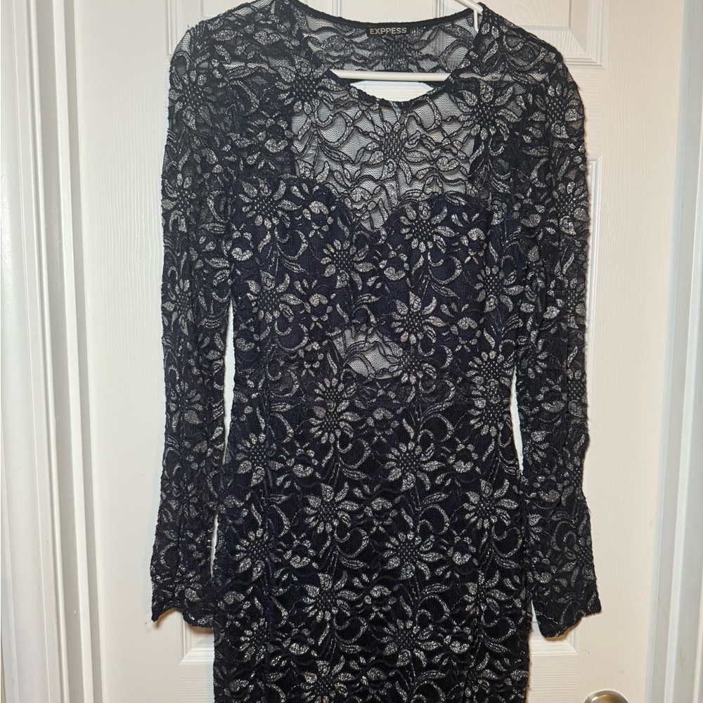 Express Black Floral Lace Long Sleeve Dress